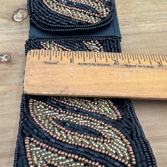 La Regale Fabric Beaded Black Gold Silver 2.25” WIDE Belt SZ S Hook Loop vintage - Picture 14 of 14